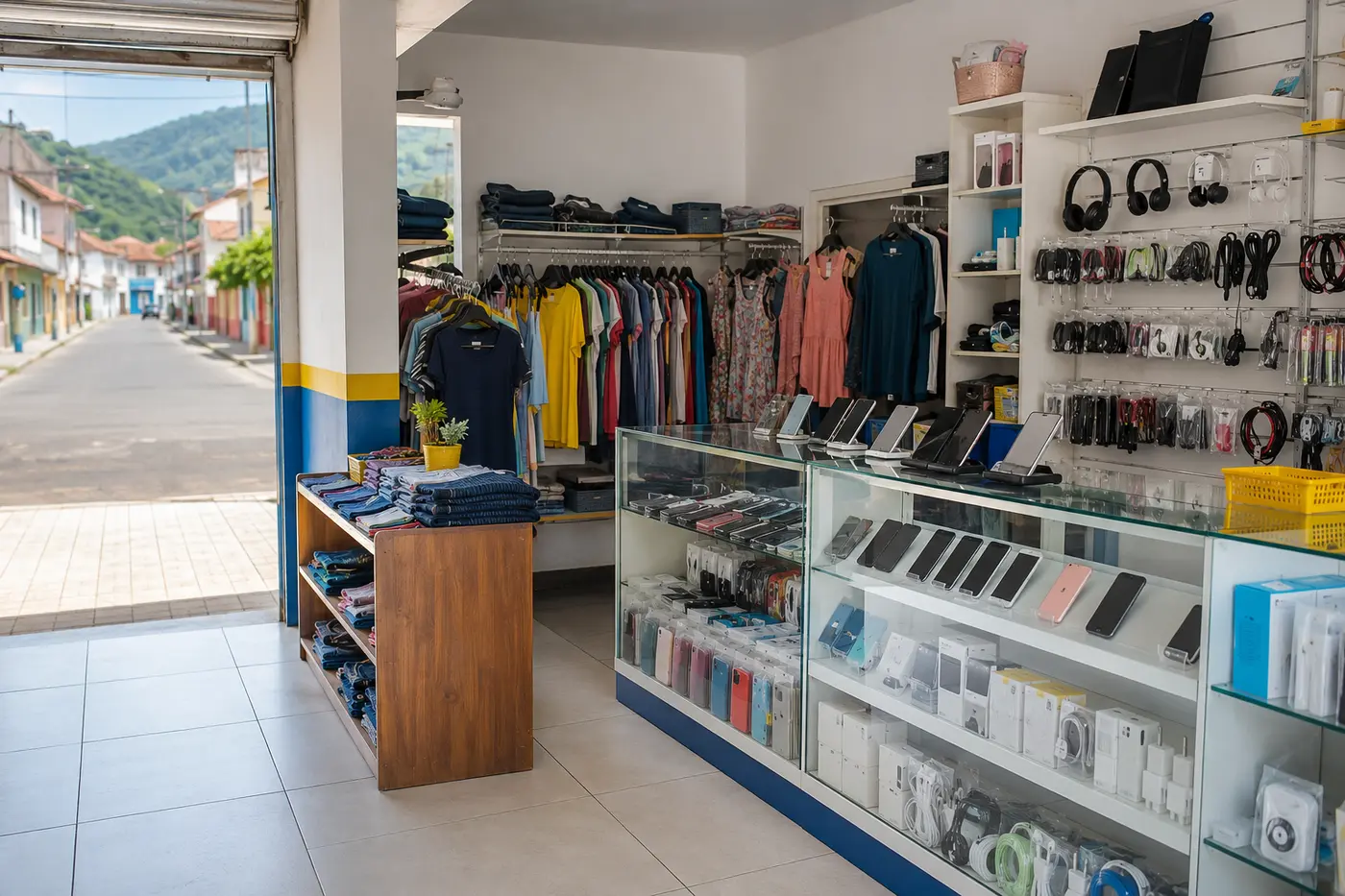 Ambiente representativo da Loja 1, com eletrônicos e vestuário